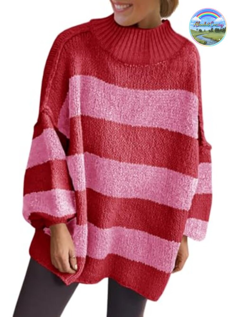 Oversized Striped Chunky Knit Mock Neck Sweater Pullover